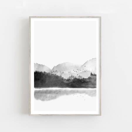 Aquarell Bergsee Kunstdruck in schwarz-weiss nebliger Wald und See Poster  DIN A5 (14,8 x 21 cm)