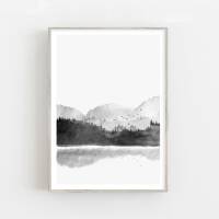 Aquarell Bergsee Kunstdruck in schwarz-weiss nebliger Wald und See Poster  DIN A3 (29,7 x 42 cm)