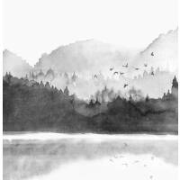 Aquarell Bergsee Kunstdruck in schwarz-weiss nebliger Wald und See Poster  DIN A1 (59,4 x 84,1 cm)