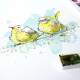 Aquarell Zwei gelbe Vögel Freunde Kunstdruck. DIN A2 (42 x 59,4 cm)