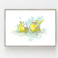 Aquarell Zwei gelbe Vögel Freunde Kunstdruck. DIN A1 (59,4 x 84,1 cm)