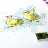 Aquarell Zwei gelbe Vögel Freunde Kunstdruck. 30 x 40 cm