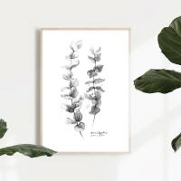 Aquarell Eukalyptus Zweigen in Schwarz-Weiss Kunstdruck skandinavischer Kunstdruck 30 x 40 cm