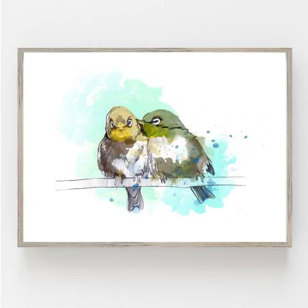 Aquarell zwei kleine Vögel Kunstdruck DIN A5 (14,8 x 21 cm)