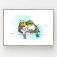 Aquarell zwei kleine Vögel Kunstdruck 30 x 40 cm