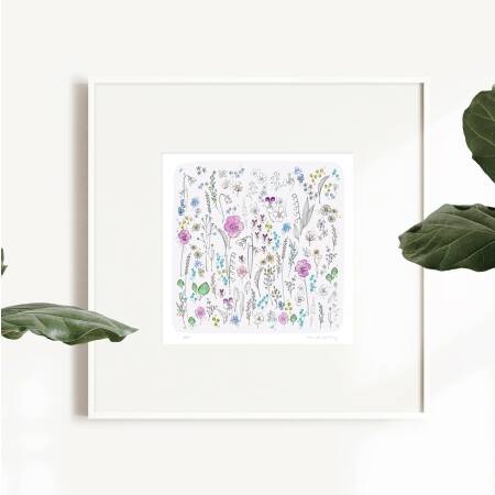 Aquarell Wiese mit Wildblumen Kunstdruck Blumen Viola Druck DIN A5 (14,8 x 21 cm)