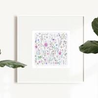 Aquarell Wiese mit Wildblumen Kunstdruck Blumen Viola Druck DIN A4 (21 x 29,7 cm)