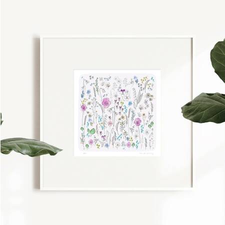 Aquarell Wiese mit Wildblumen Kunstdruck Blumen Viola Druck DIN A1 (59,4 x 84,1 cm)