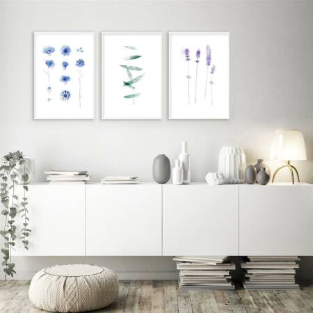 Set von 3 Kunstdrucken Aquarell Kornblumen Druck Lavedel 30 x 40 cm