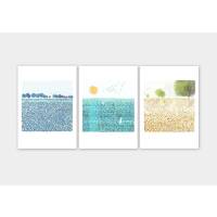 Set von 3 Kunstdrucken Blaue Wiese Druck Sonne und Meer Druck Orange Tulpen Wiese Druck A4 (21 x 29,7 cm)