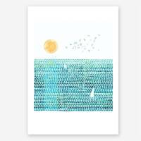Set von 3 Kunstdrucken Blaue Wiese Druck Sonne und Meer Druck Orange Tulpen Wiese Druck A4 (21 x 29,7 cm)