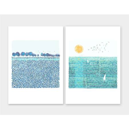 Set von 2 Kunstdrucken abstrakter Landschaft Druck Aquarell Blaue Wiese Sonne und Meer A5 (14,8 x 21 cm)