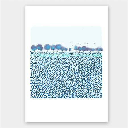 Set von 2 Kunstdrucken abstrakter Landschaft Druck Aquarell Blaue Wiese Sonne und Meer A5 (14,8 x 21 cm)