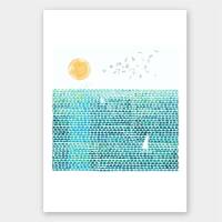 Set von 2 Kunstdrucken abstrakter Landschaft Druck Aquarell Blaue Wiese Sonne und Meer A4 (21 x 29,7 cm)