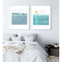 Set von 2 Kunstdrucken abstrakter Landschaft Druck Aquarell Blaue Wiese Sonne und Meer A3 (29,7 x 42 cm)
