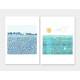 Set von 2 Kunstdrucken abstrakter Landschaft Druck Aquarell Blaue Wiese Sonne und Meer 30 x 40 cm