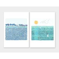 Set von 2 Kunstdrucken abstrakter Landschaft Druck Aquarell Blaue Wiese Sonne und Meer 40 x 50 cm