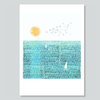 Set von 3 Kunstdrucken Blaue Wiese Druck Sonne und Meer Druck Herbst Wiese Druck A5 (14,8 x 21 cm)