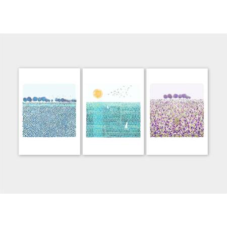 Set von 3 Kunstdrucken Blaue Wiese Druck Sonne und Meer Druck Herbst Wiese Druck A3 (29,7 x 42 cm)