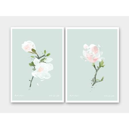 Set von 2 Magnolieblüten Kunstdrucken weisse Frühlingsblumen Kunstdruck A5 (14,8 x 21 cm)